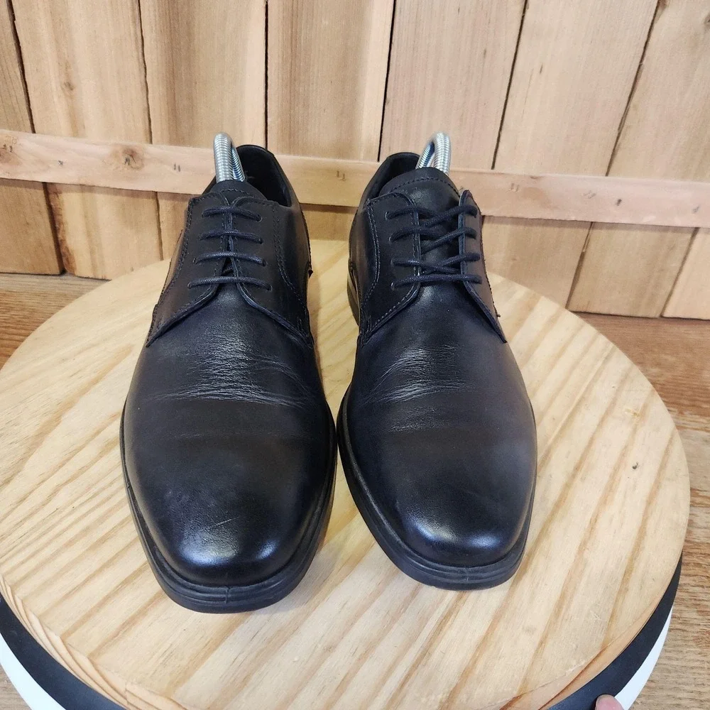 ECCO Queenstown Plain Toe Derby Shoes Mens 7.5 41 EU Black Leather Dress Comfort